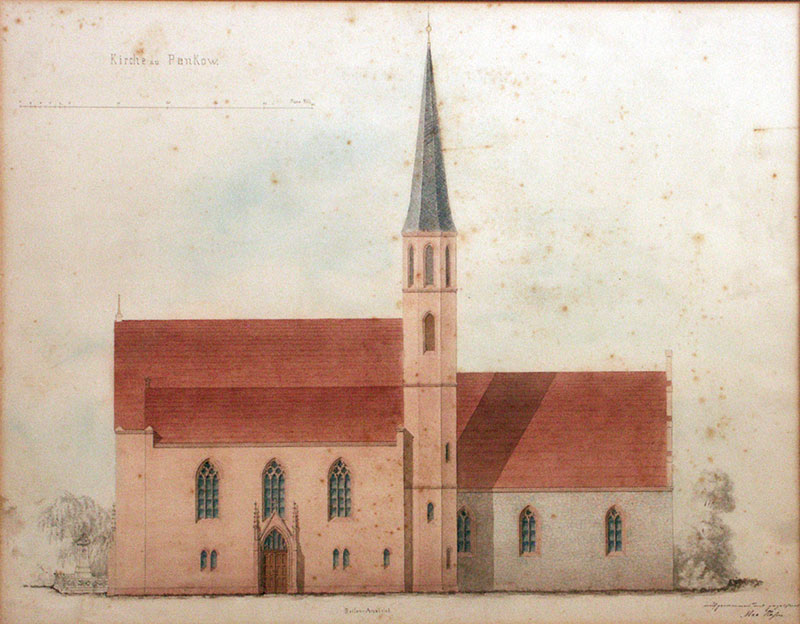 Kirche in Pankow, 1865 · Auf elegante Weise verband Stüler mit den beiden schlanken, 36 Meter hohen Türmen seinen Erweiterungsbau (1859) mit dem kleineren Mittelalterteil.


